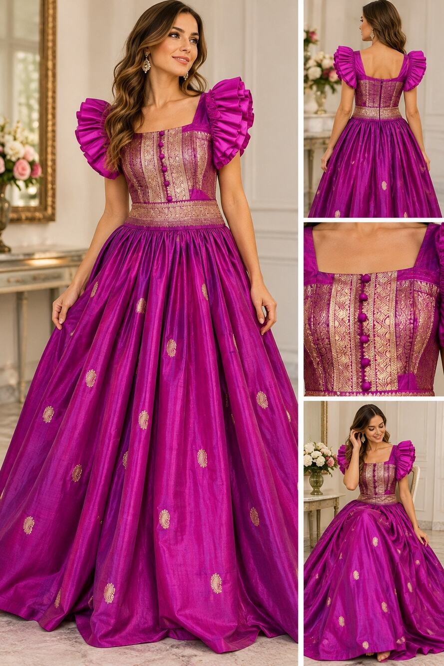 Vintage Handmade Purple Gold Brocade Maxi Dress Puff Sleeve Formal Gown
